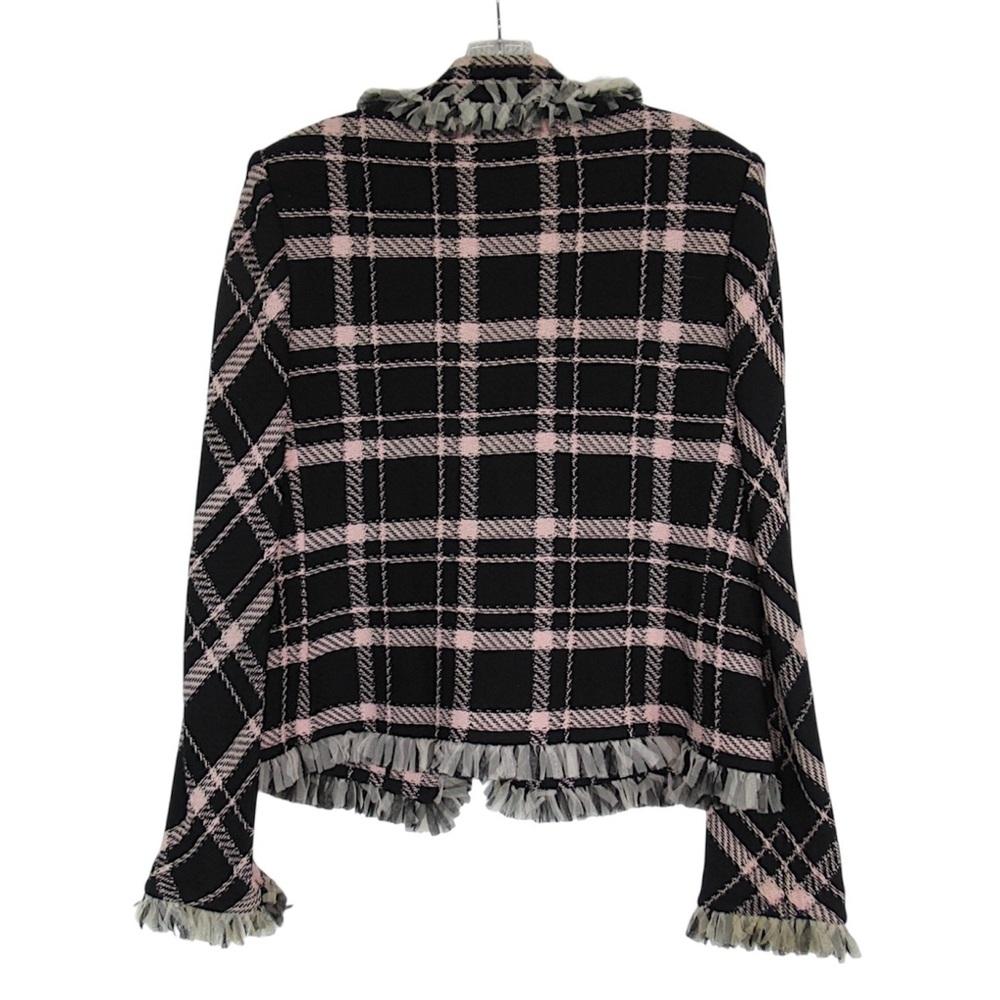 ST. JOHN Santana Knit Pink & Black Plaid Mesh-Fringe Trim Jacket Blazer Size 10 - Picture 6 of 15